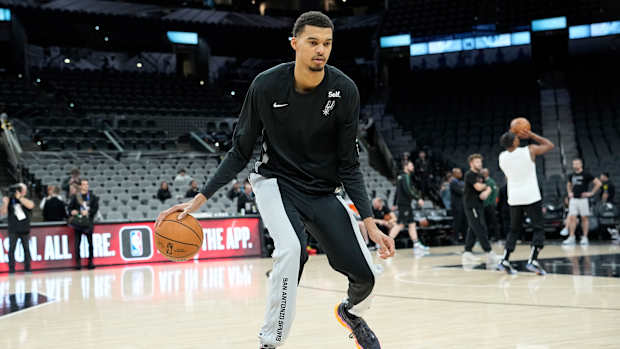 Jan 4, 2024; San Antonio, Texas, USA; San Antonio Spurs forward Victor Wembanyama (1) warms up before a game against the Milwaukee Bucks at Frost Bank Center.